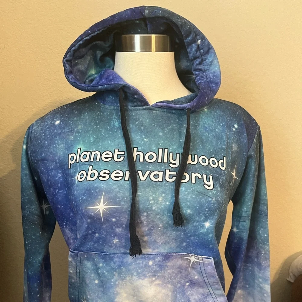 Planet Hollywood Blue Graphic Hoodie Size M Galaxy Sweatshirt Unisex Soft Space